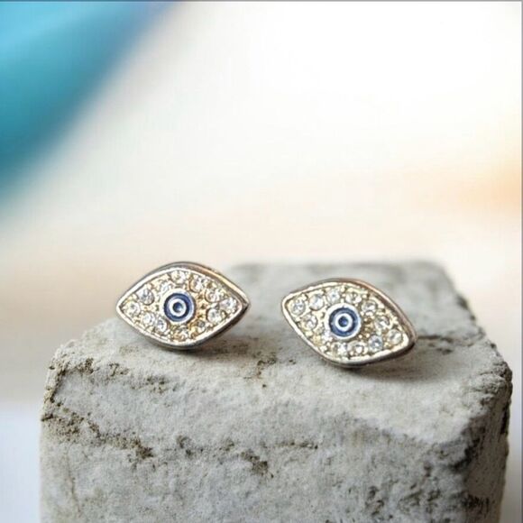 Free People Jewelry - Crystal Evil Eye Stud Earrings Gold Tone Good Luck Protection Lightweight